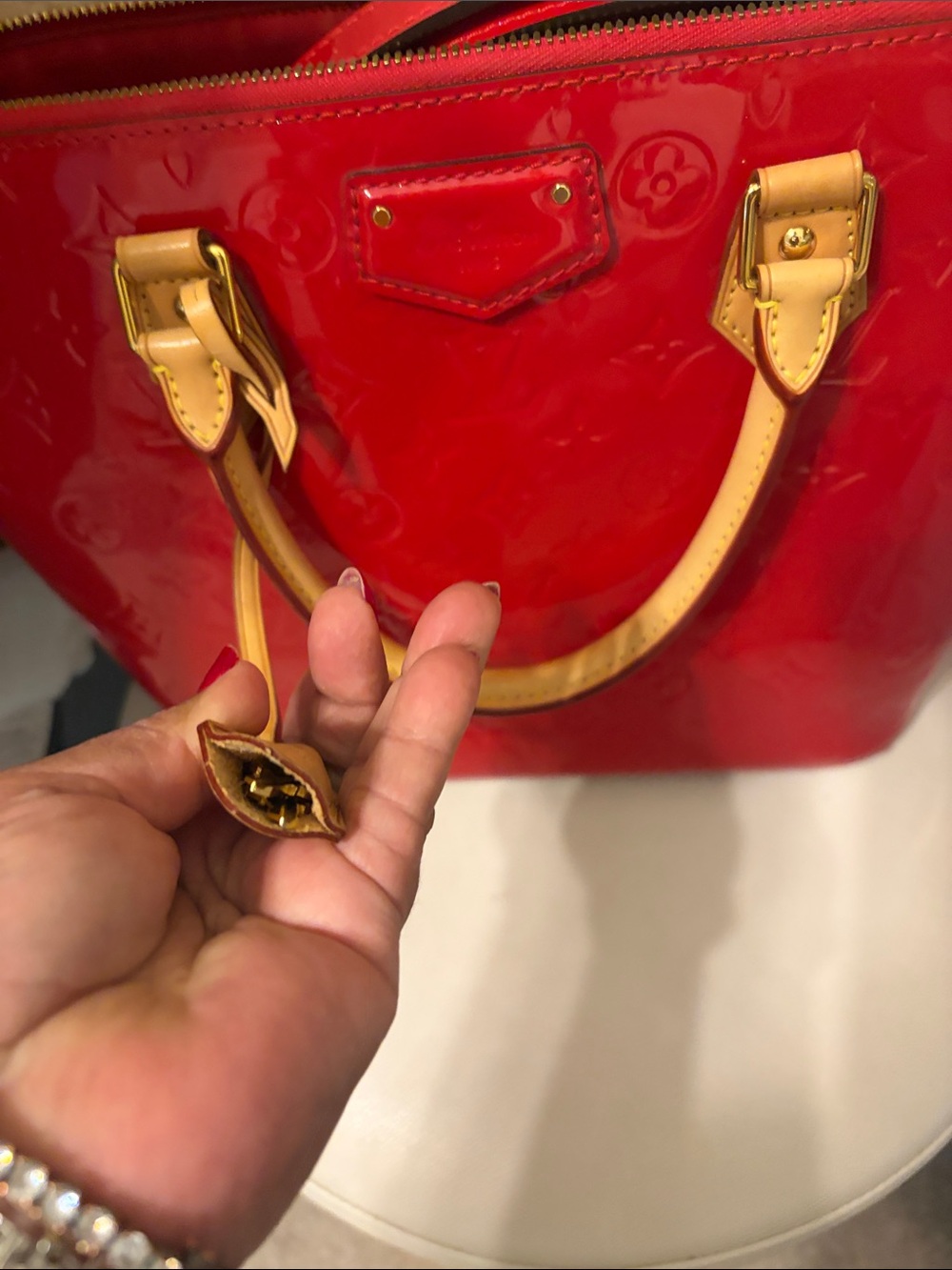 Louis Vuitton Red Patent Tote with Natural Leather Trim - Picture 14 of 15